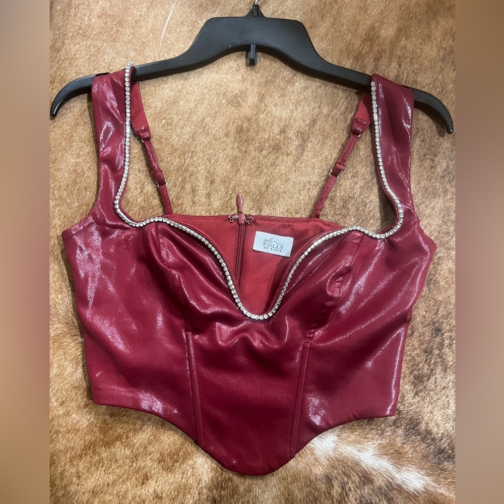 Oh Polly Faux Leather Burgandy Crop Top with sparkle detail US Size 4